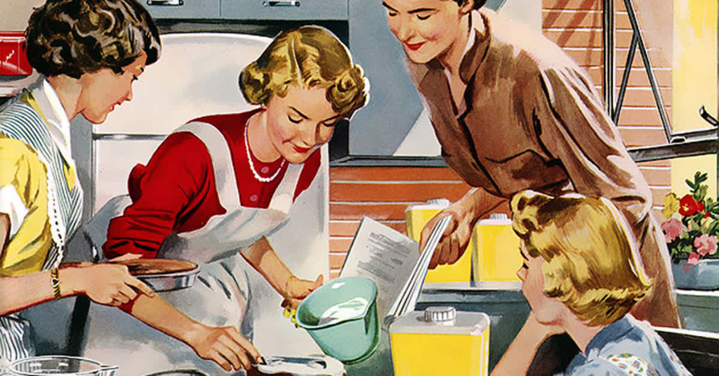 Dibujo de cuatro mujeres cocinando un pastel